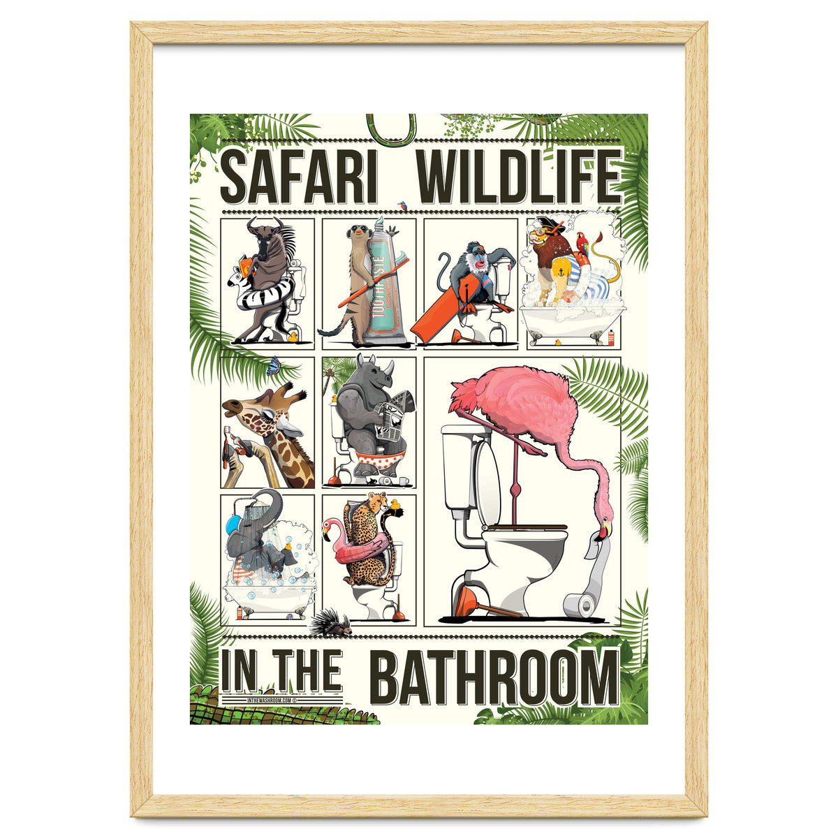 Safari wildlife animals in the bathroom, funny toilet humour.