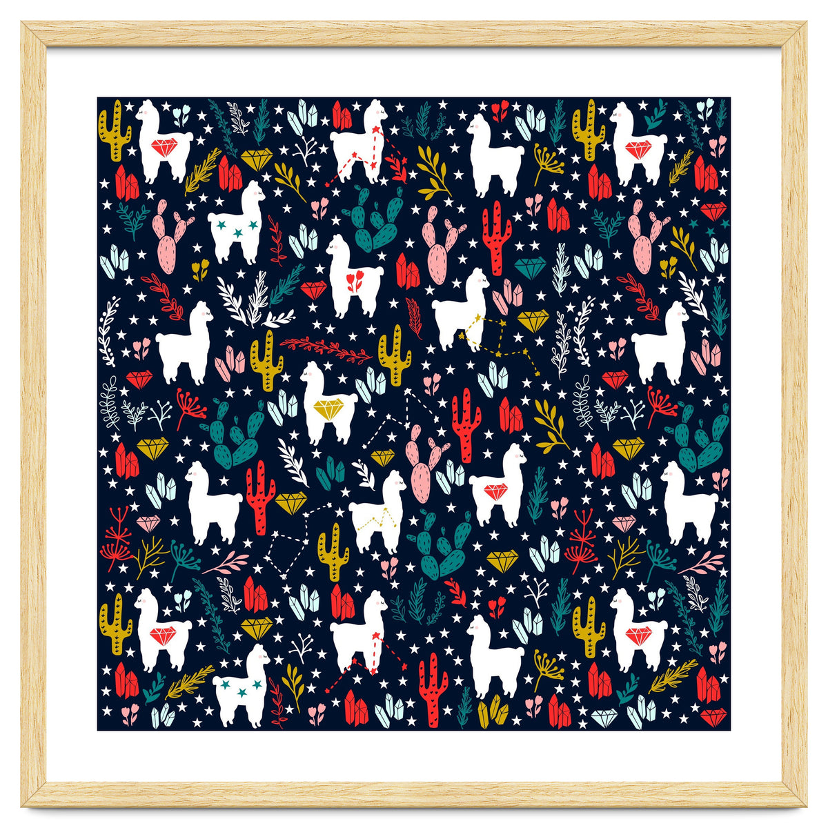 Cute Alpaca Pattern with Cacti, Stars and Crystals