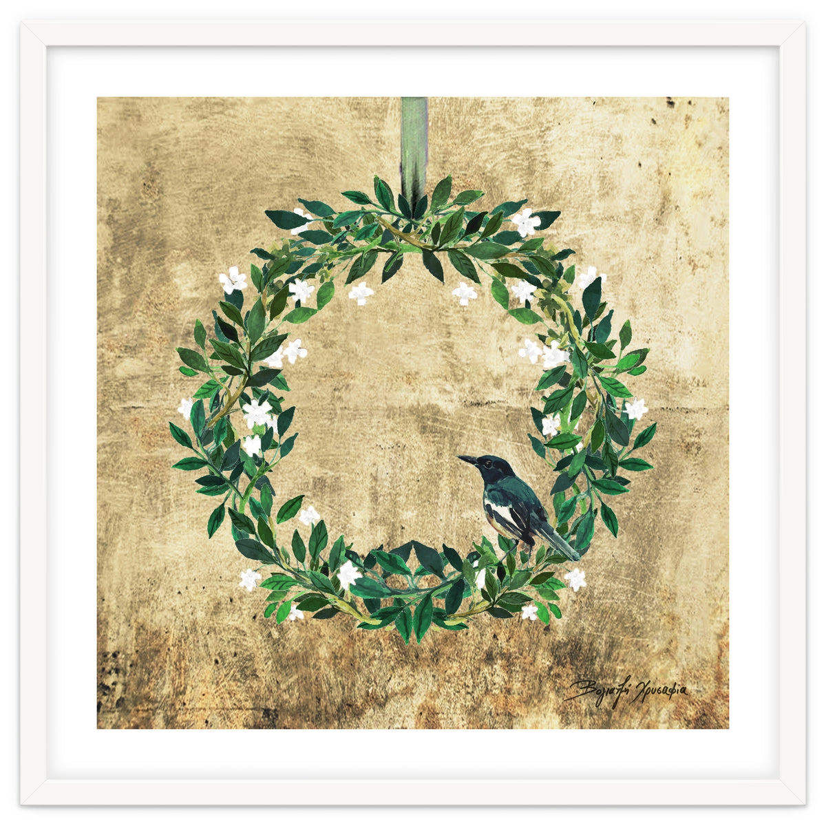 Wreath #White Flowers & Bird #Royal collection