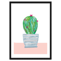 Painted Cactus In Blue Stripe Plant Pot