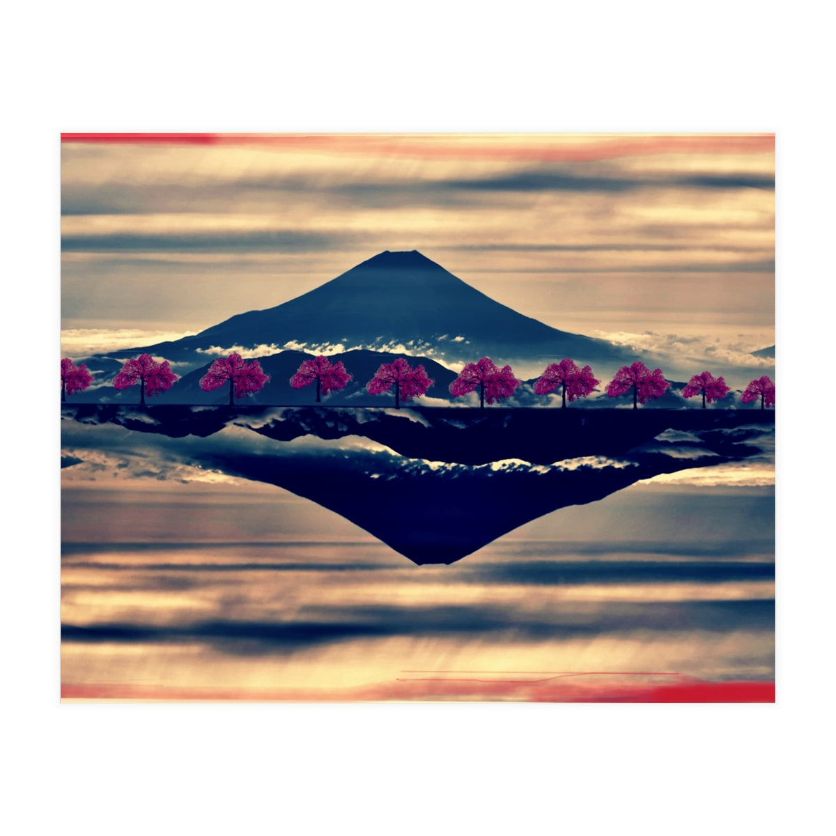 Reflection on Mount Fuji with cherry trees. (Print Only)