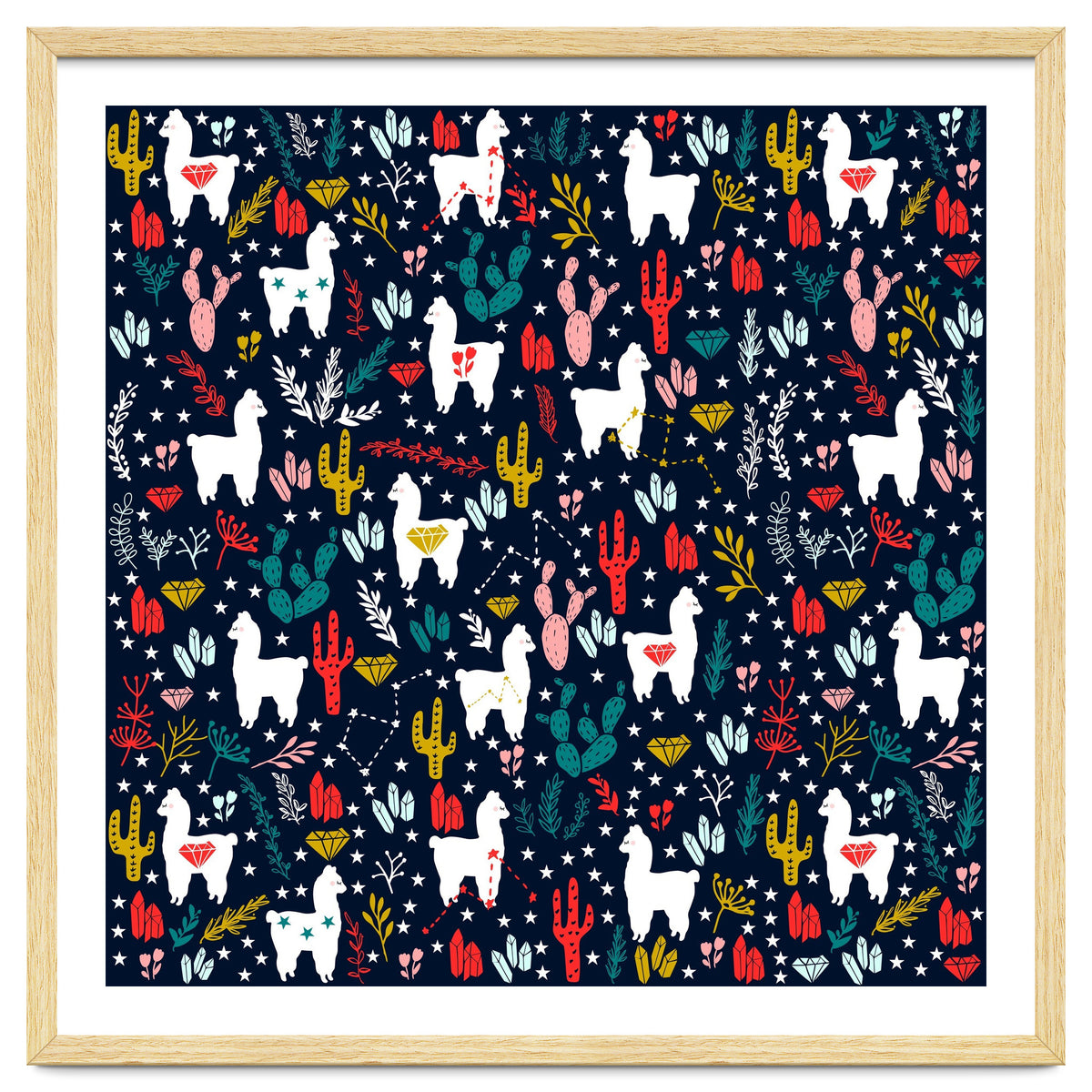 Cute Alpaca Pattern with Cacti, Stars and Crystals