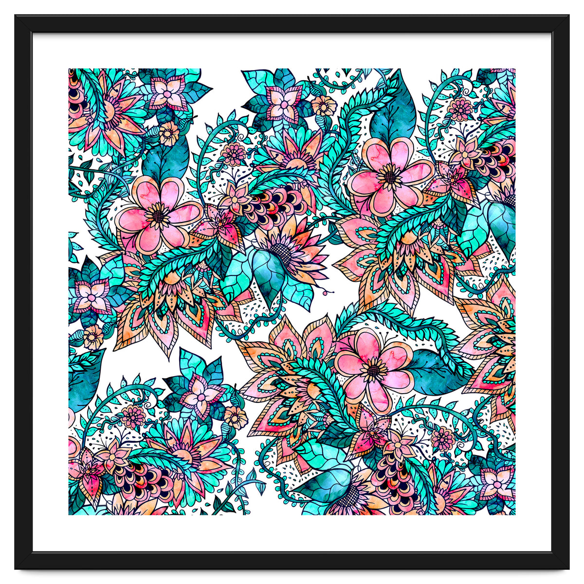 Boho turquoise pink floral watercolor illustration