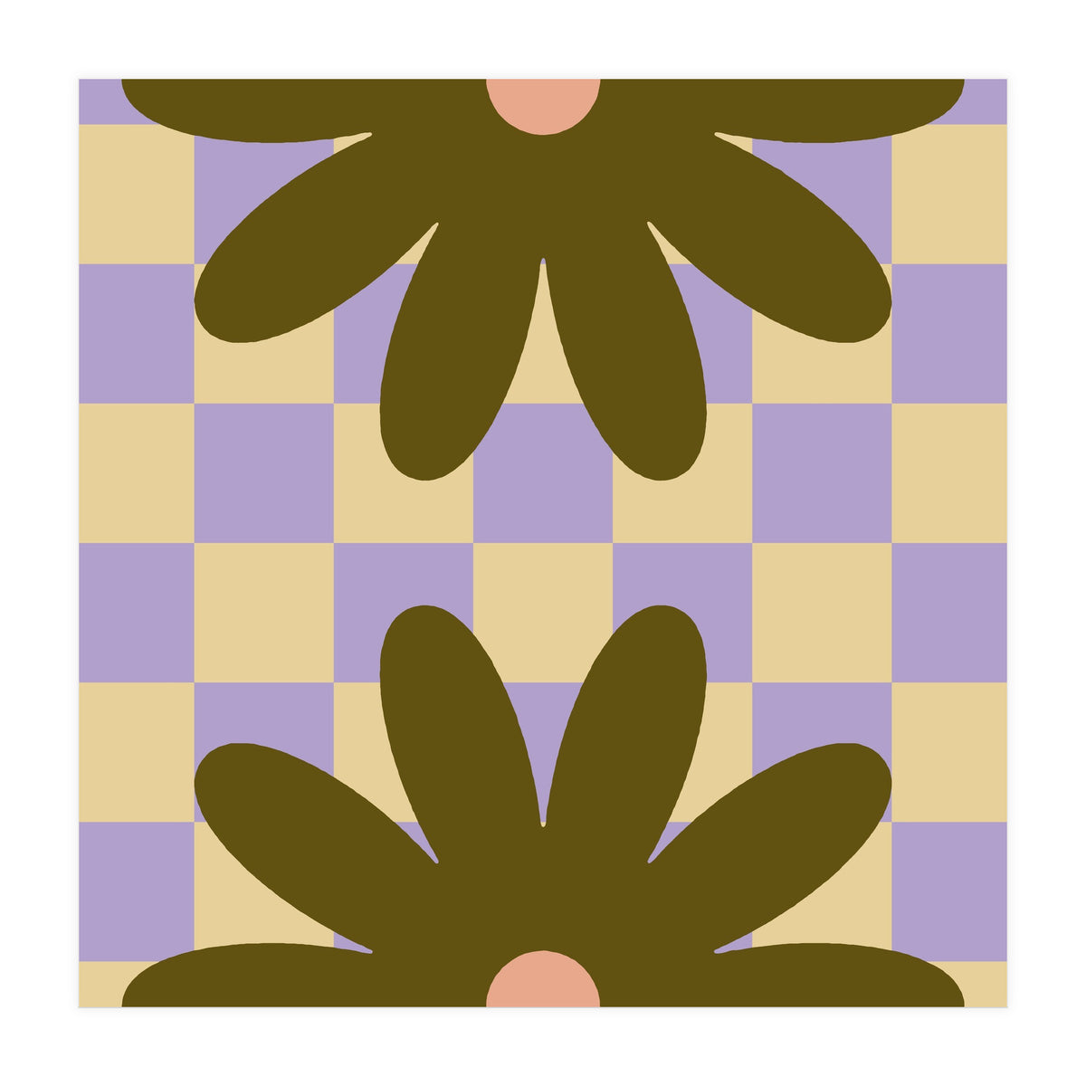 Retro Geometric Simple Flower on Checkerboard (Print Only)