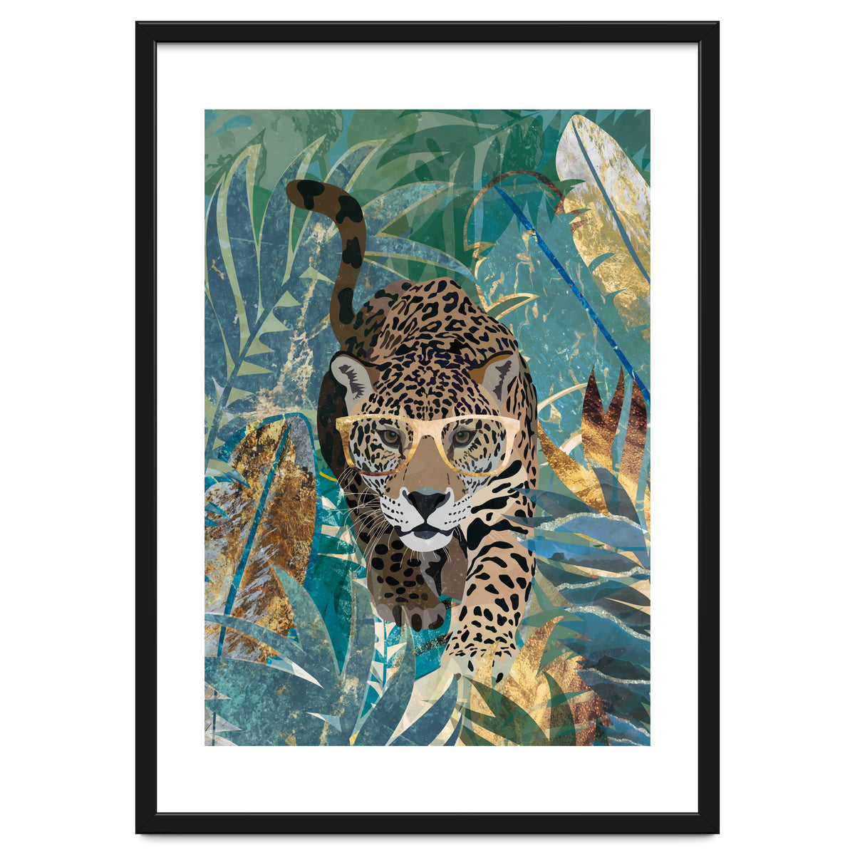 Jaguar in the gold and green tropical jungle