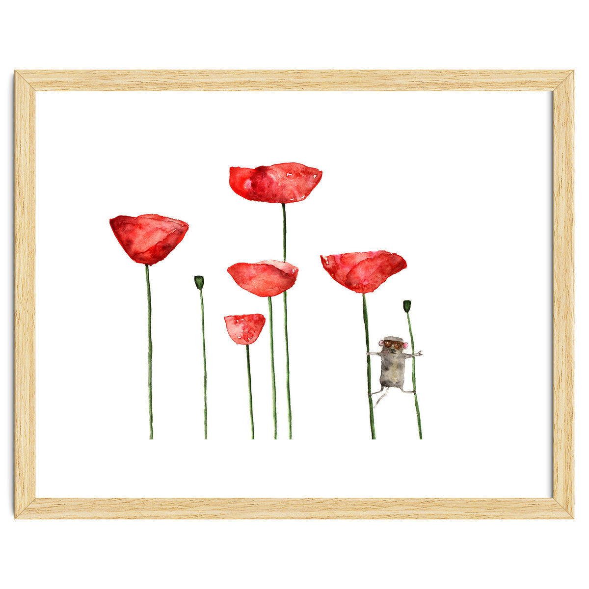 Little mouse loves big poppies || watercolor for nursery
