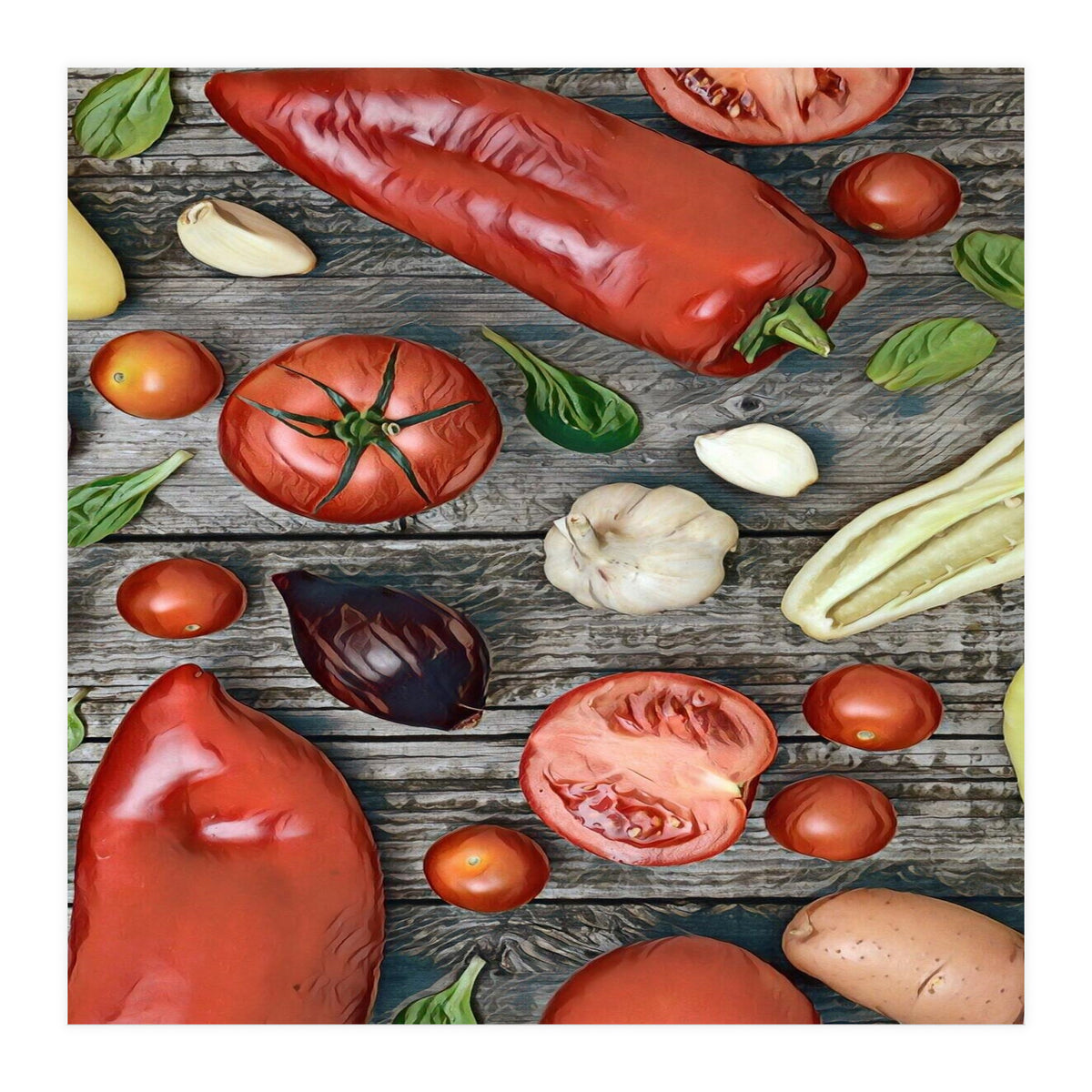 Tomatoes and bell peppers, healthy table (Print Only)