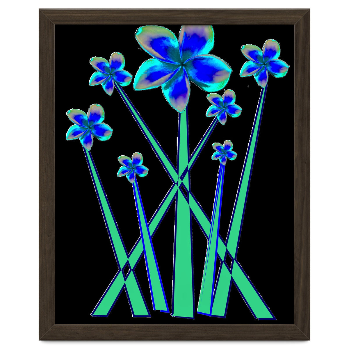 Blue flowers on black.
