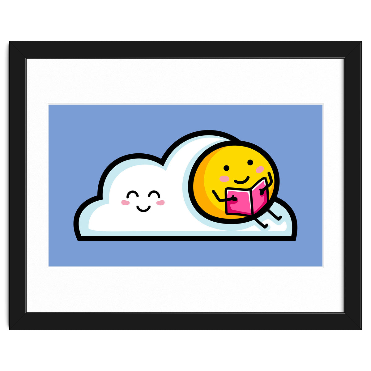 Kawaii Cute Sun Reading A Book On A Cloud