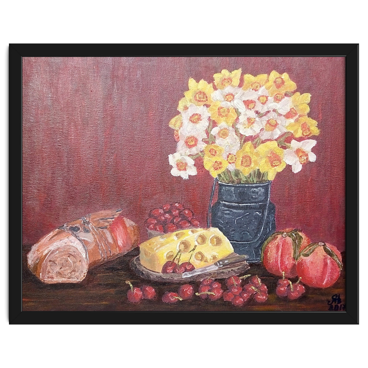 Still life with cheese, daffodils on a red background.