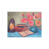 Still life with tulips, books and an old lamp. (Print Only) thumbnail