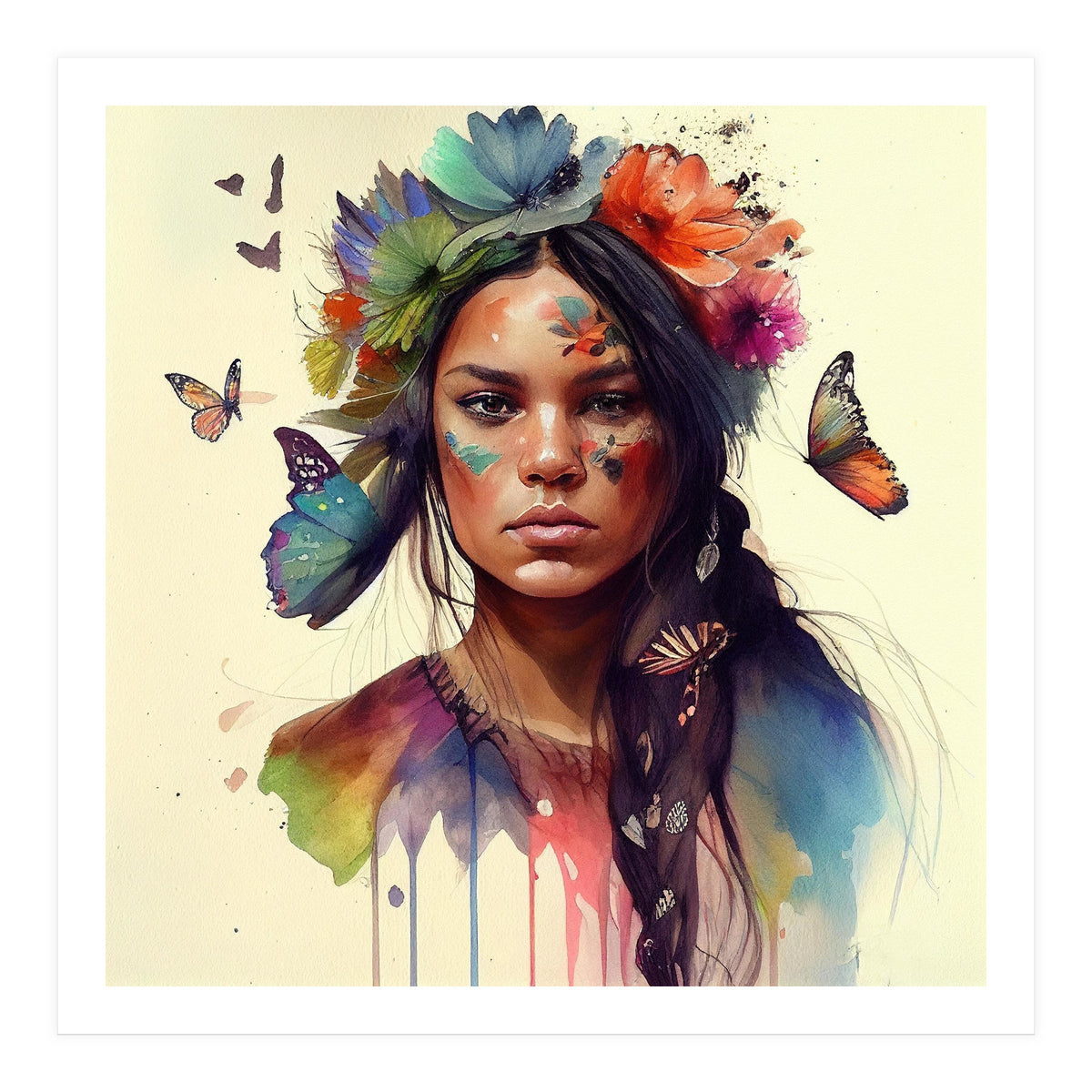 Watercolor Floral Indian Native Woman #11 (Print Only)