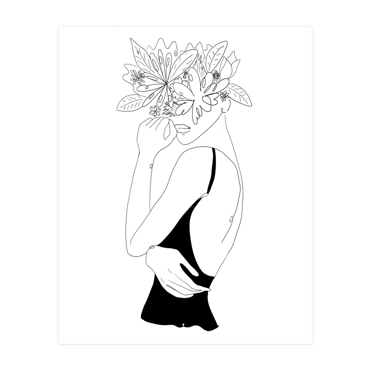 Line Drawing Girl with Flowers (Print Only)