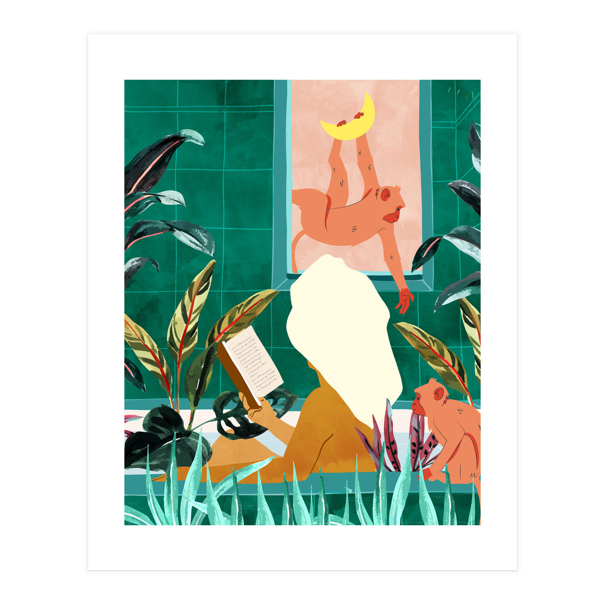 Urban Jungle Bath | Tropical Modern Bohemian Woman Bathtub | Pet Monkey Wild Animals Moon Watercolor (Print Only)