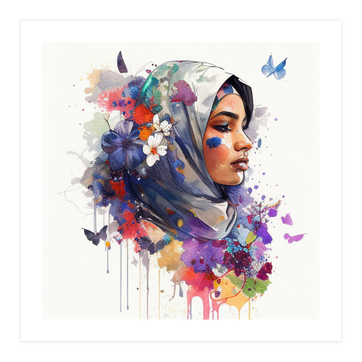 Watercolor Floral Muslim Arabian Woman #5 (Print Only)