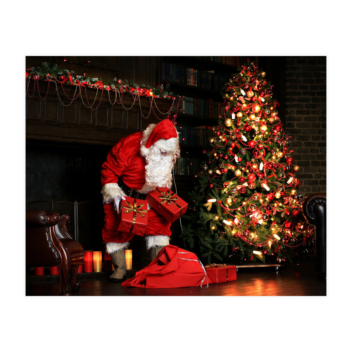 Santa Claus put his Christmas gift under the Xmas tree at midnight (Print Only)