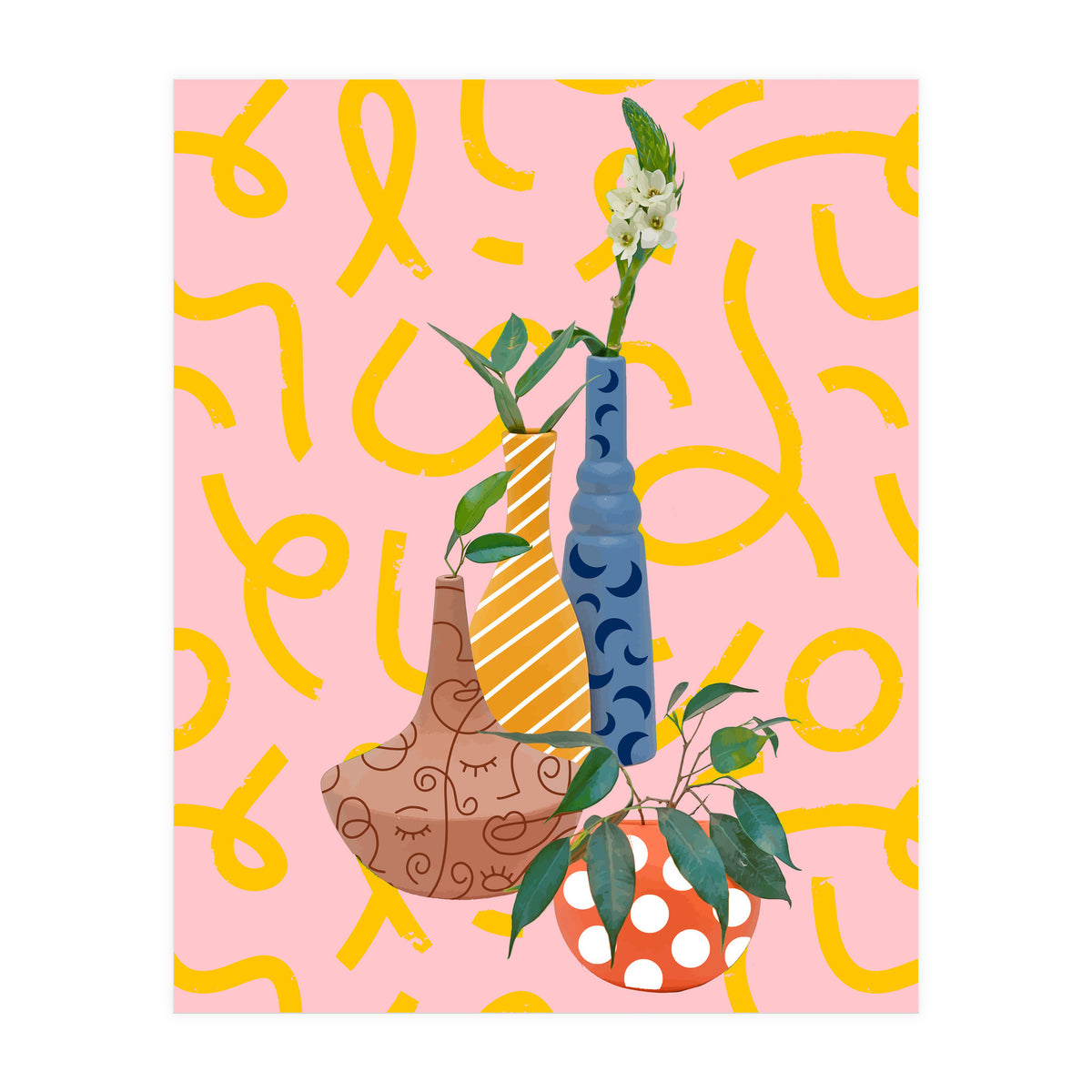 Modern Botanicals, Abstract Plant Pots, Quirky Nature Bohemian, Contemporary Decor (Print Only)