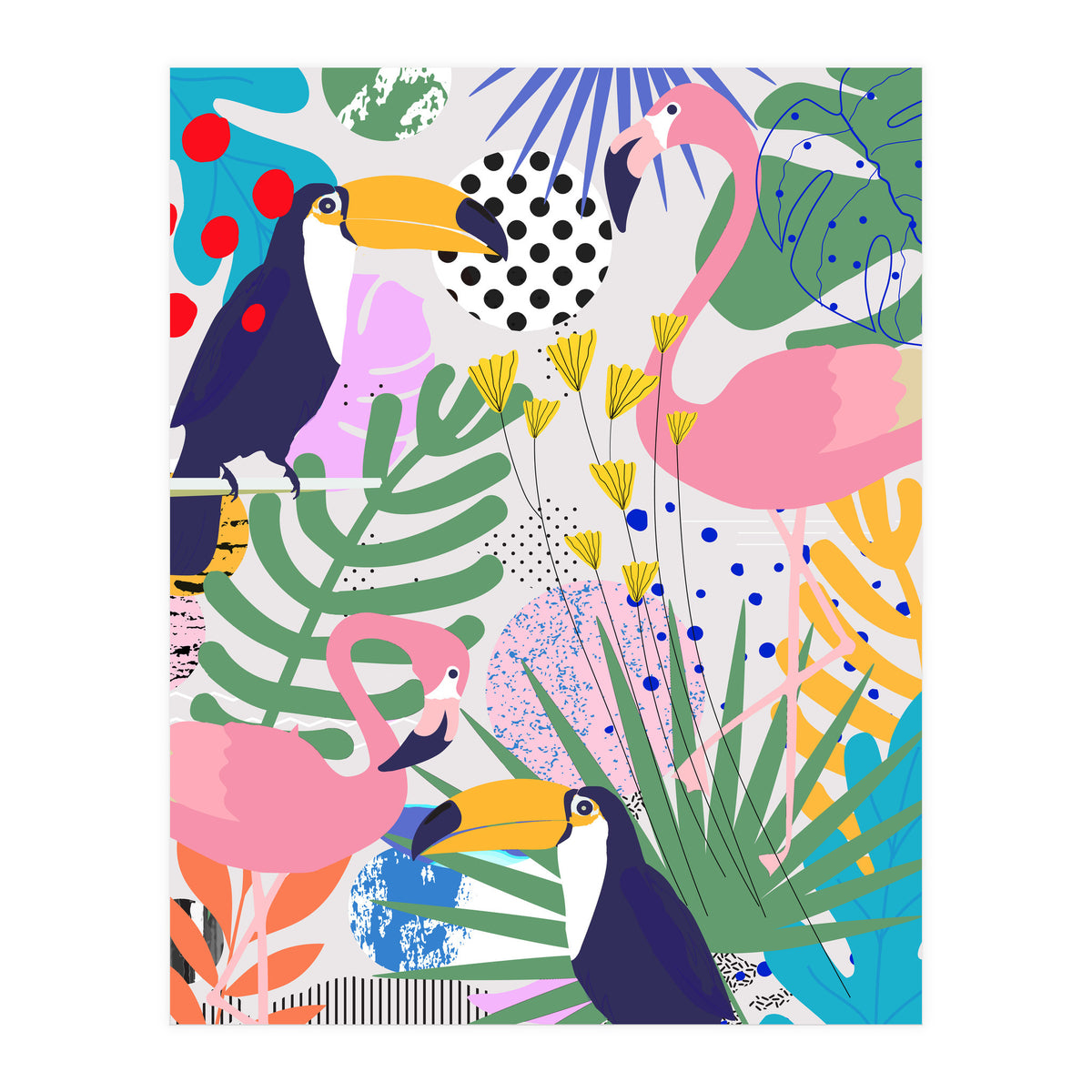 Tropical Spring | Pastel Quirky Modern Bohemian Jungle Botanical | Flamingo Palm Cockatoo Birds (Print Only)