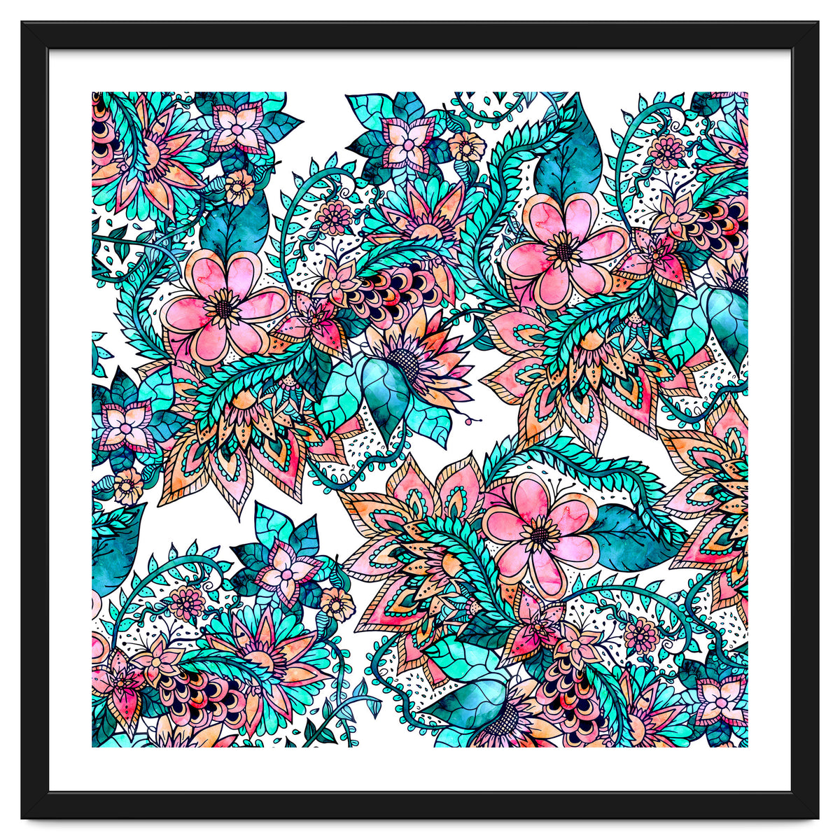 Boho turquoise pink floral watercolor illustration