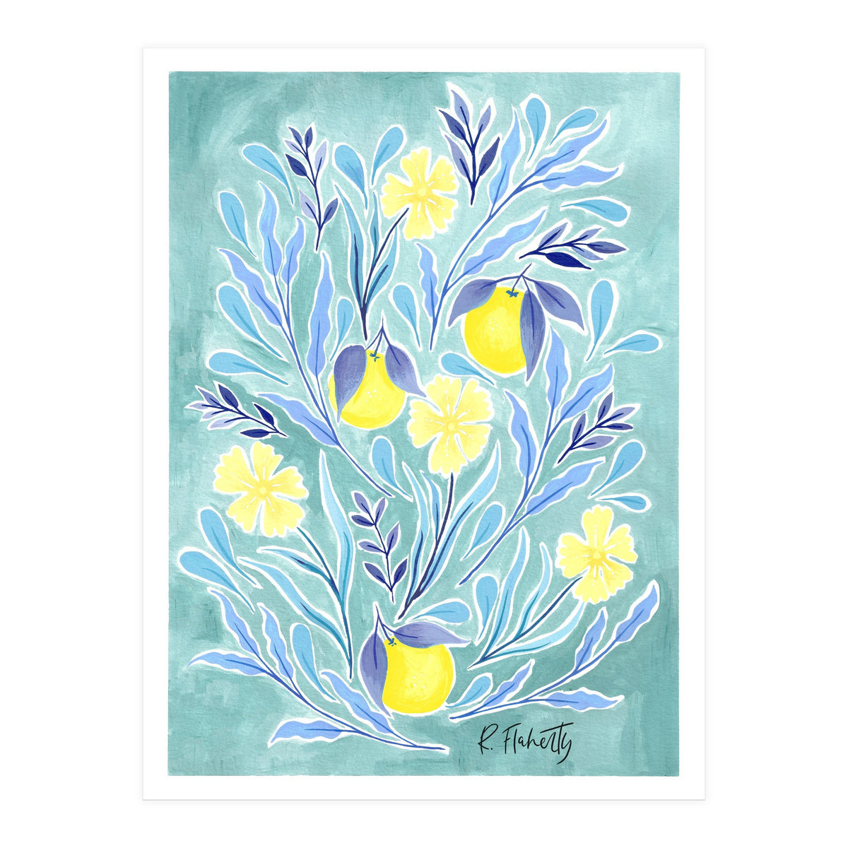 Wild Orange Floral | Lemon & Duck Egg Blue (Print Only)