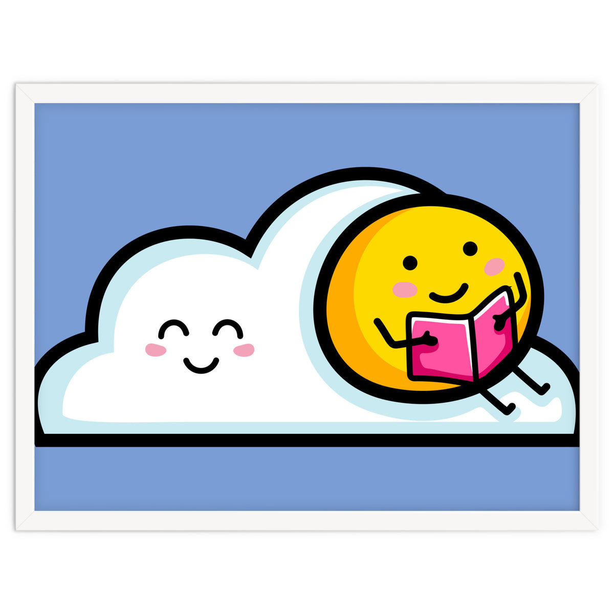 Kawaii Cute Sun Reading A Book On A Cloud