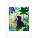 African Safari, Colorful Tropical Jungle Travel, Botanical Watercolor, Blonde Woman with a Leopard thumbnail