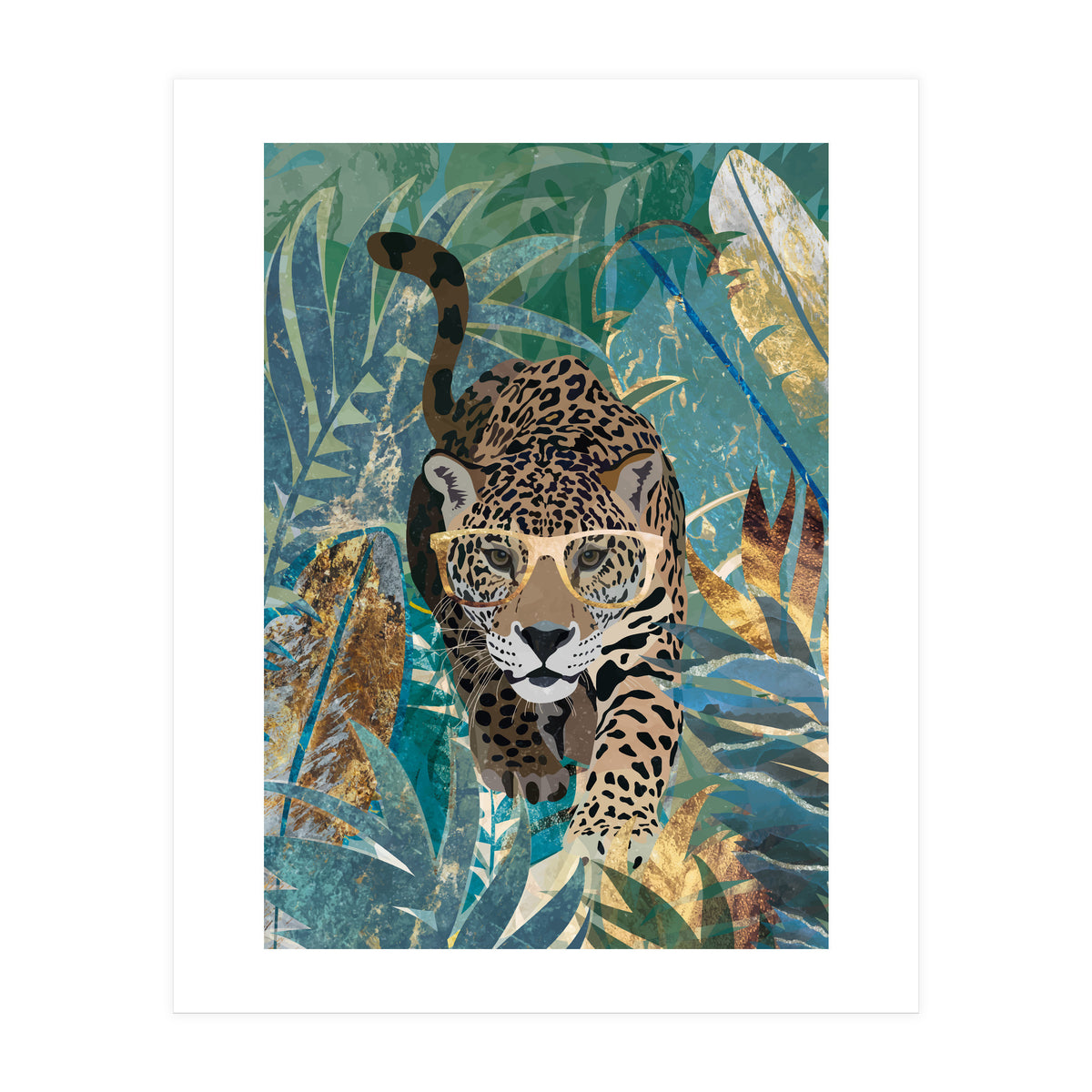 Jaguar in the gold and green tropical jungle (Print Only)