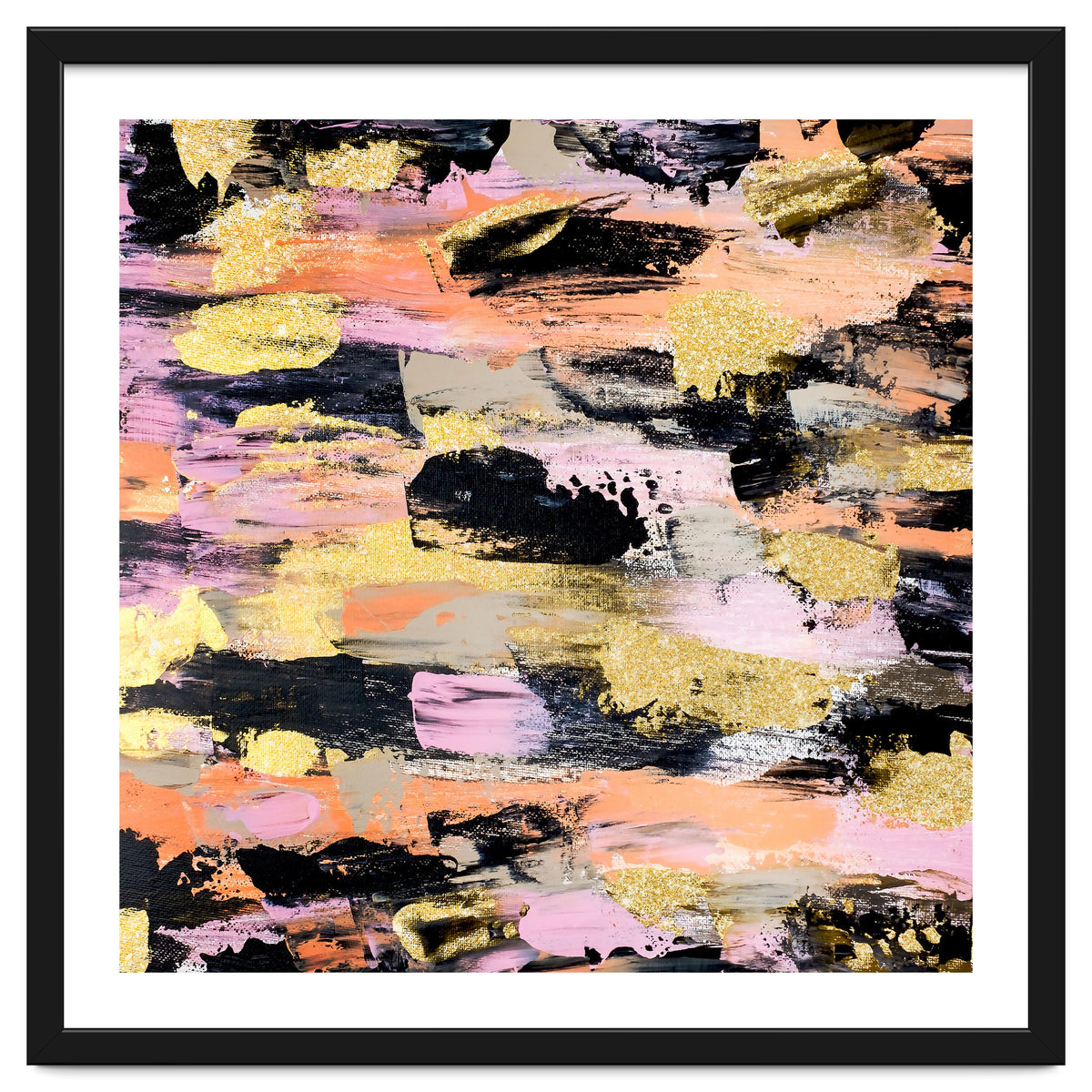Modern Abstract Black Pink Salmon Gold Acrylic Brushstrokes Paint