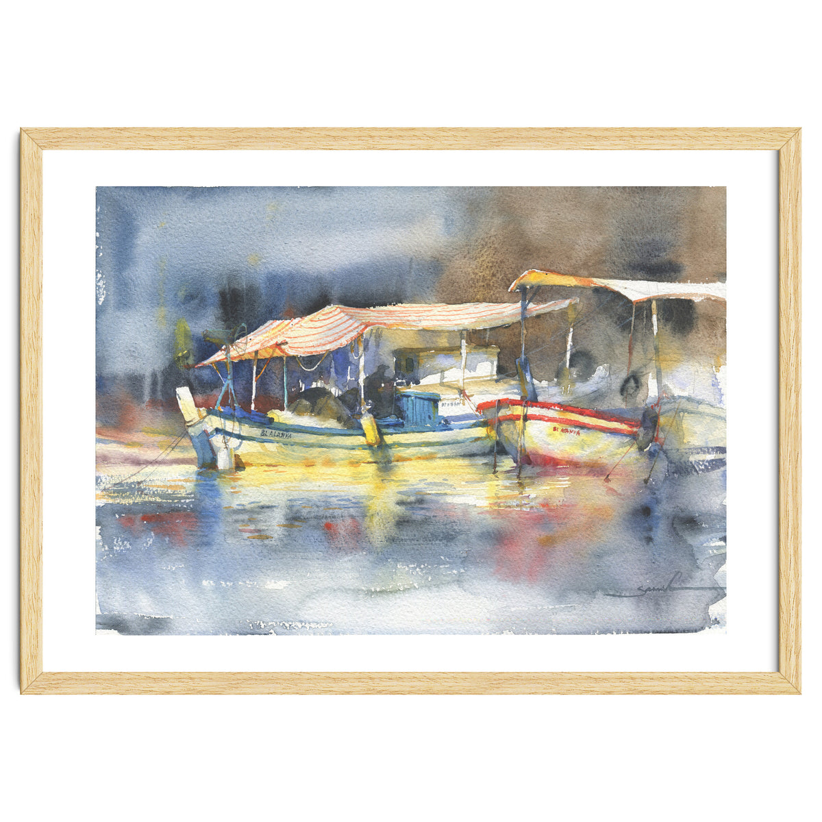 Yachts in the port. Watercolor art