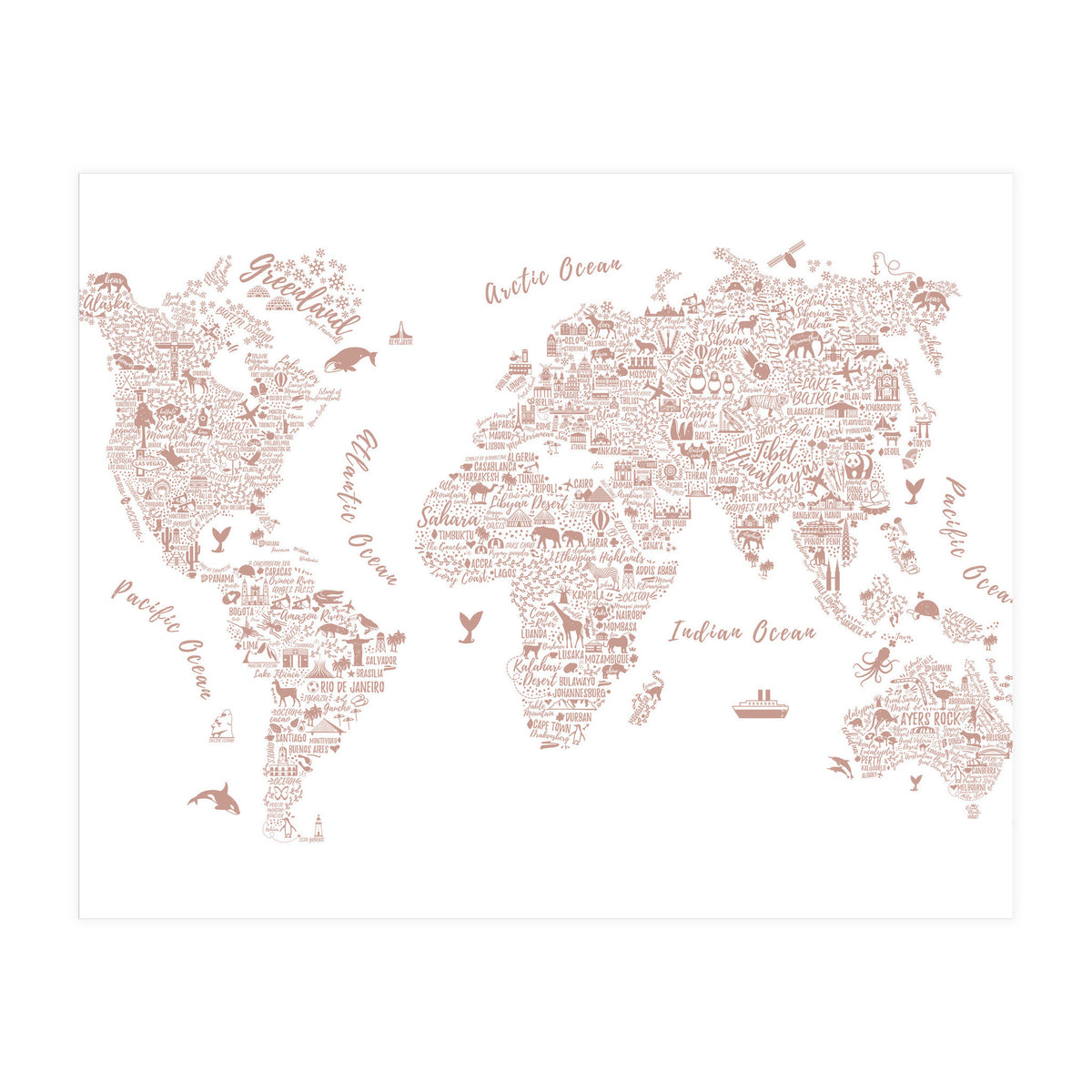Typography World Map in Pink (Print Only)