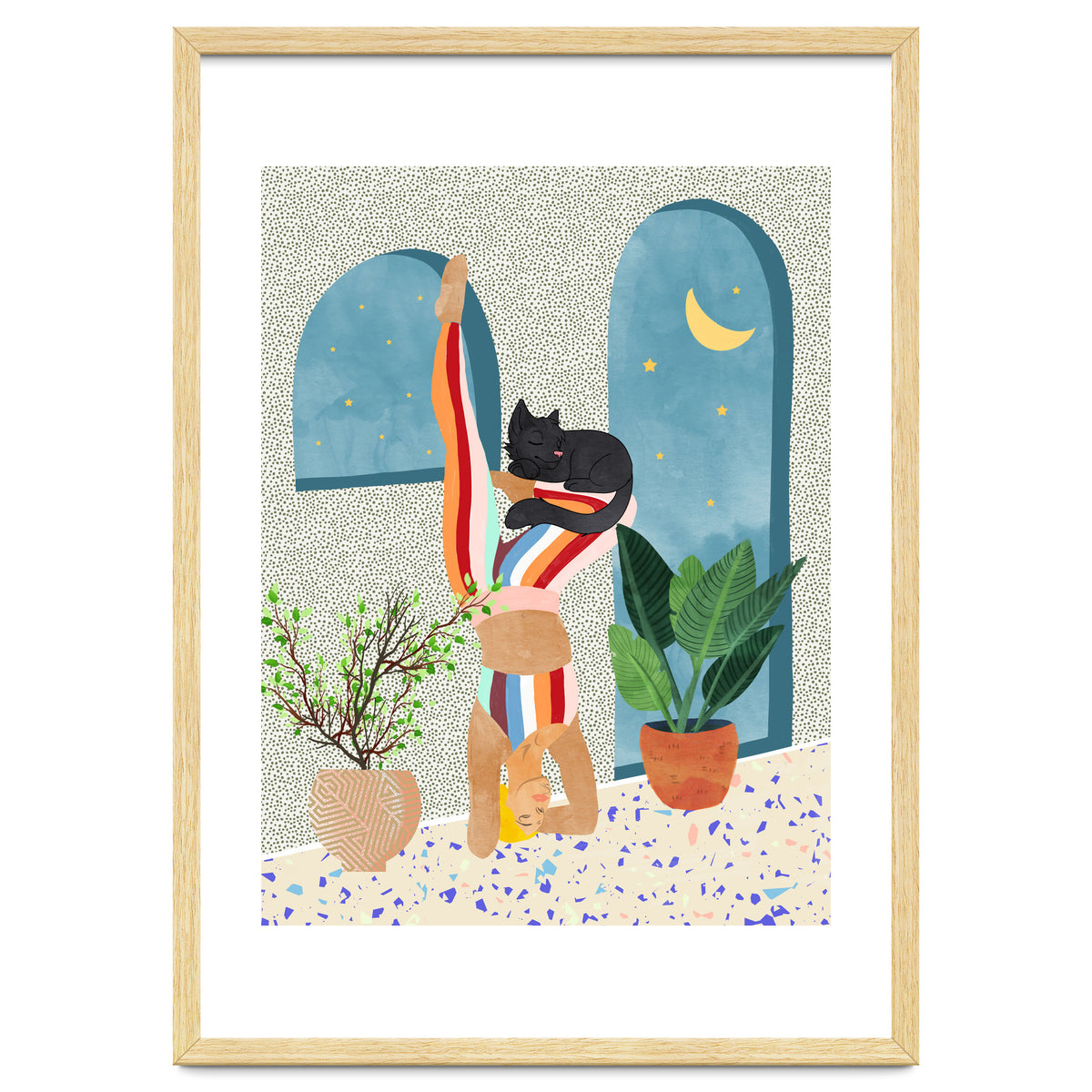 Headstand, Cat Yoga, Active Woman Workout, Eclectic Colorful Pets Terrazzo