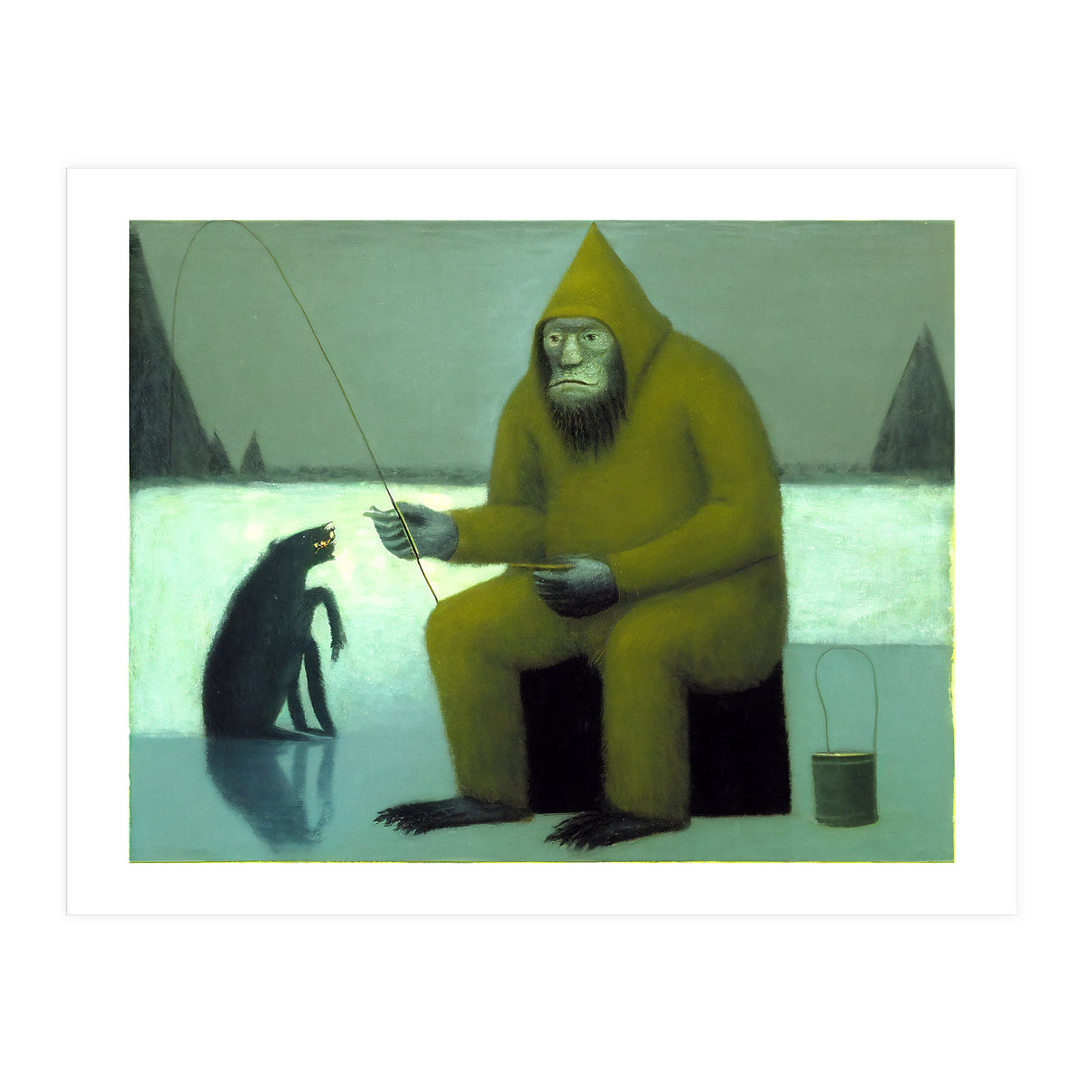 Yeti Ice Fishing With His Dog (Print Only)