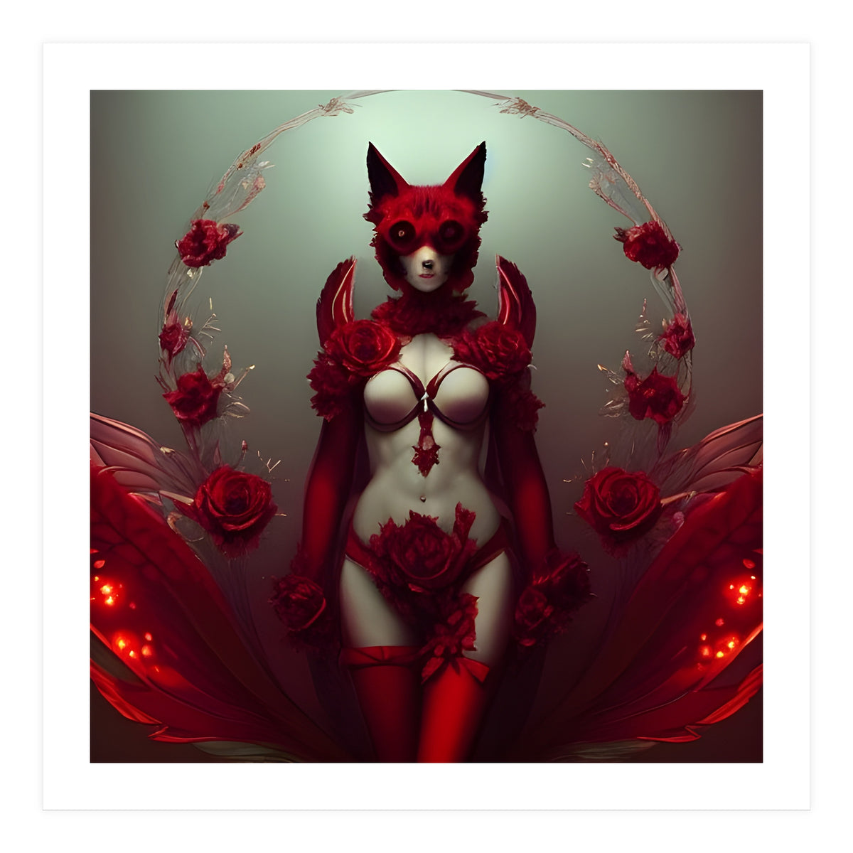 Red Floral Fox Vixen in Lingerie with Roses (Print Only)