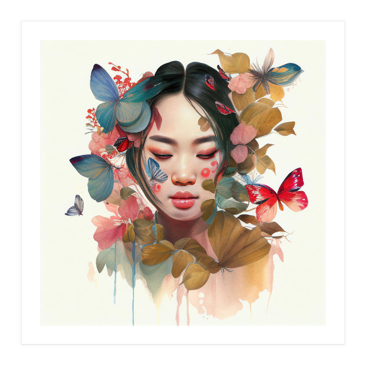 Watercolor Floral Asian Woman #9 (Print Only)