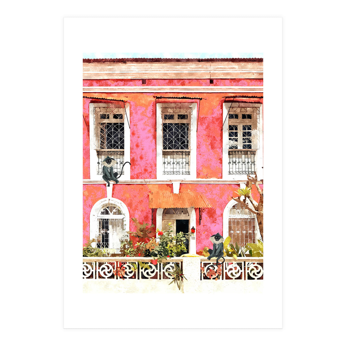 Monkey Business | Watercolor Tropical Goa Architecture Painting | Travel Pastel Pink Blush Building (Print Only)