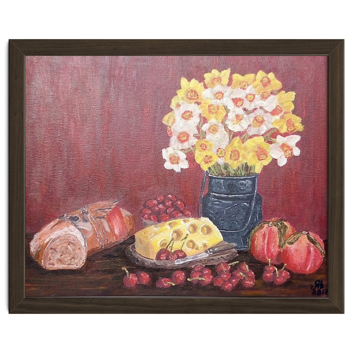 Still life with cheese, daffodils on a red background.