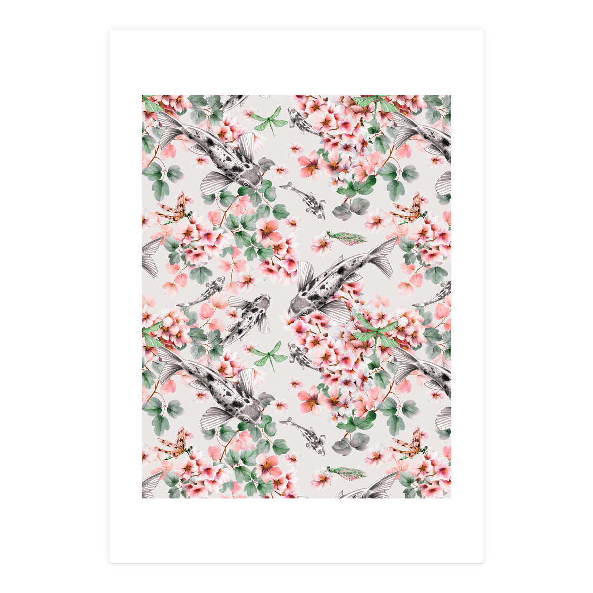 Asian fish among flowers (Print Only)