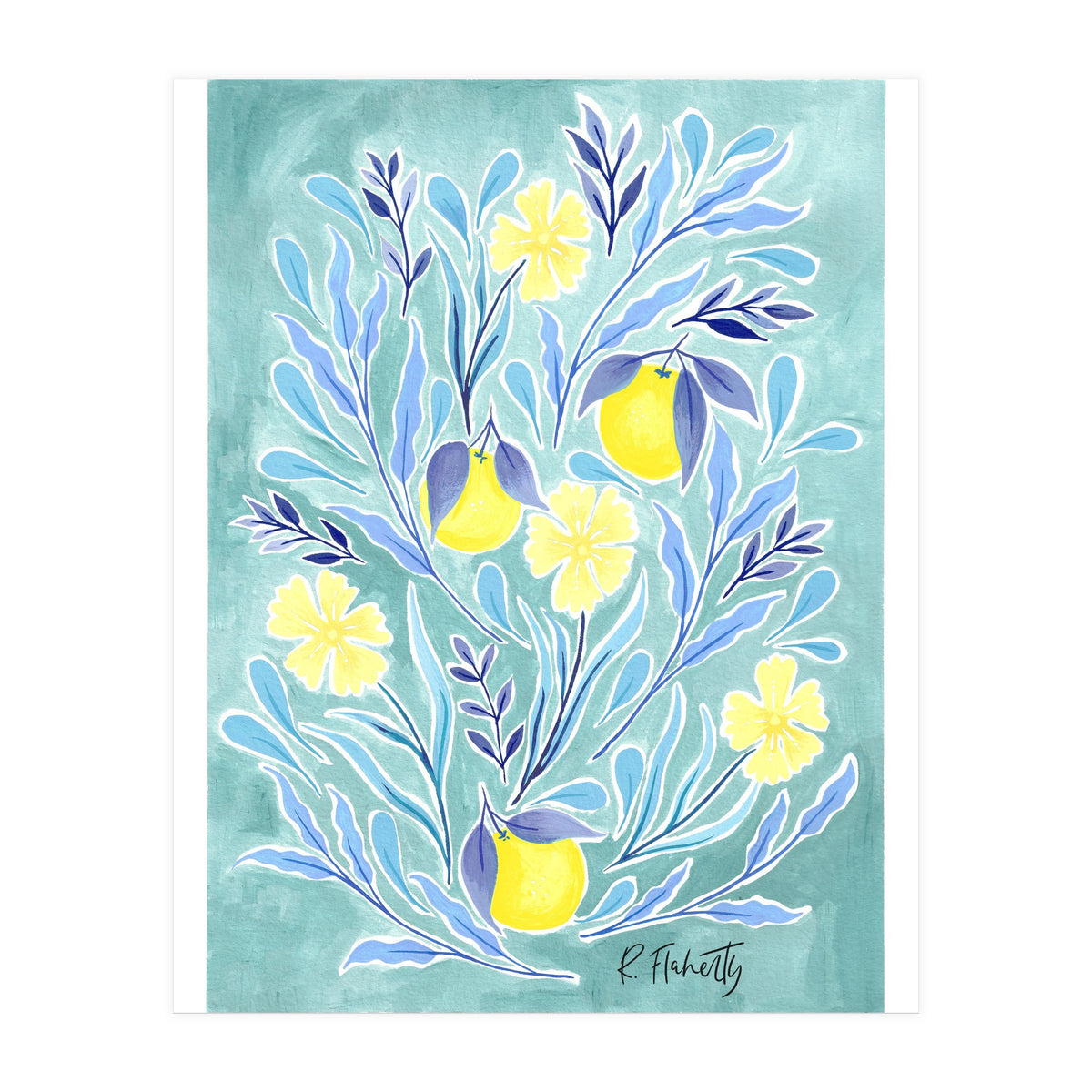 Wild Orange Floral | Lemon & Duck Egg Blue (Print Only)
