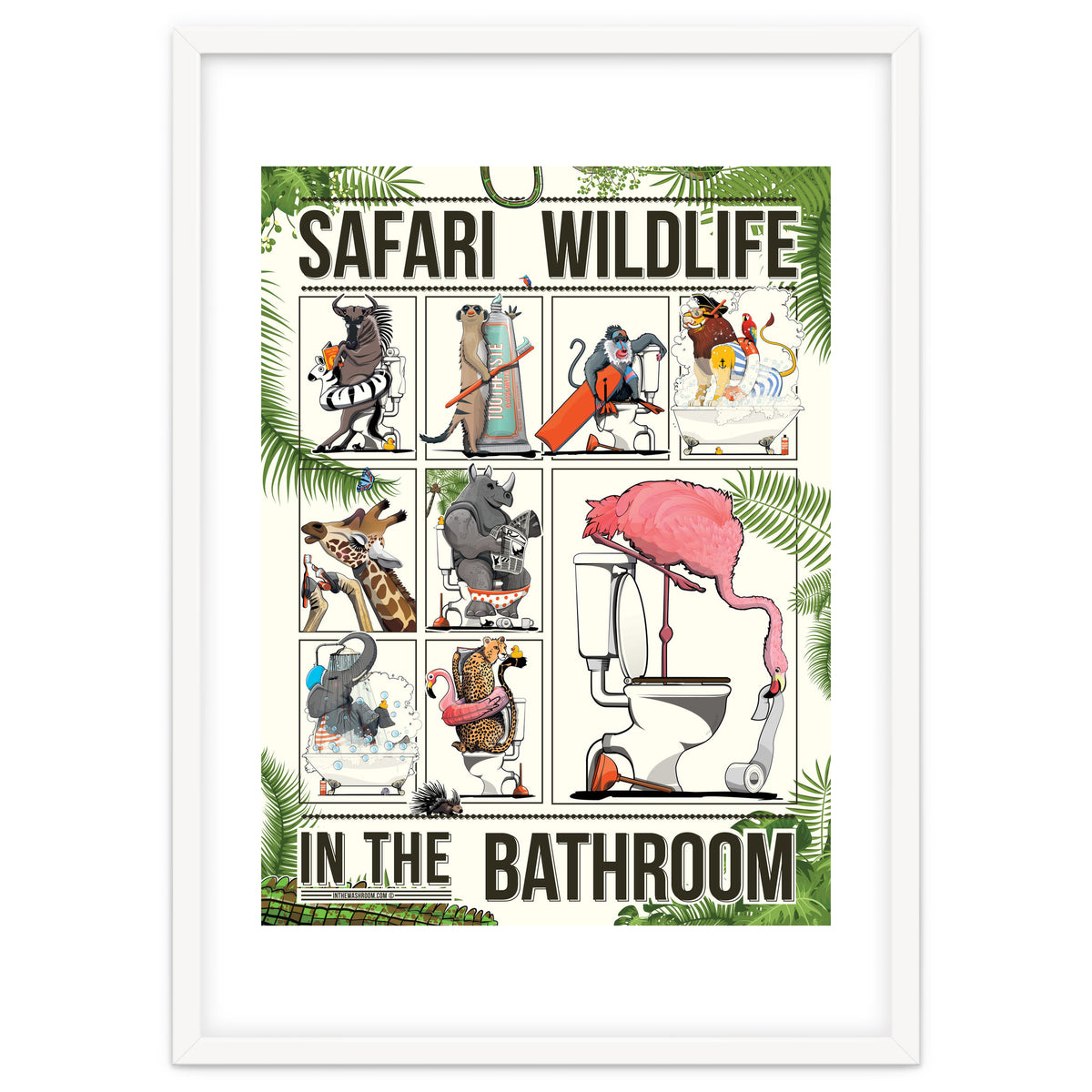 Safari wildlife animals in the bathroom, funny toilet humour.