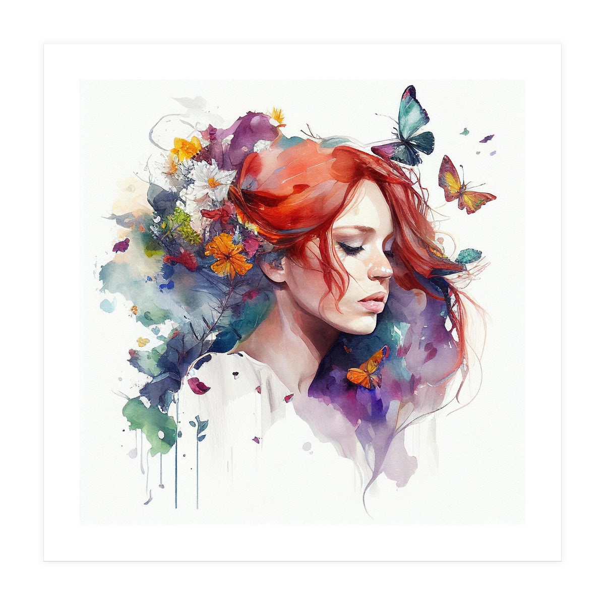 Watercolor Floral Red Hair Woman #1 (Print Only)