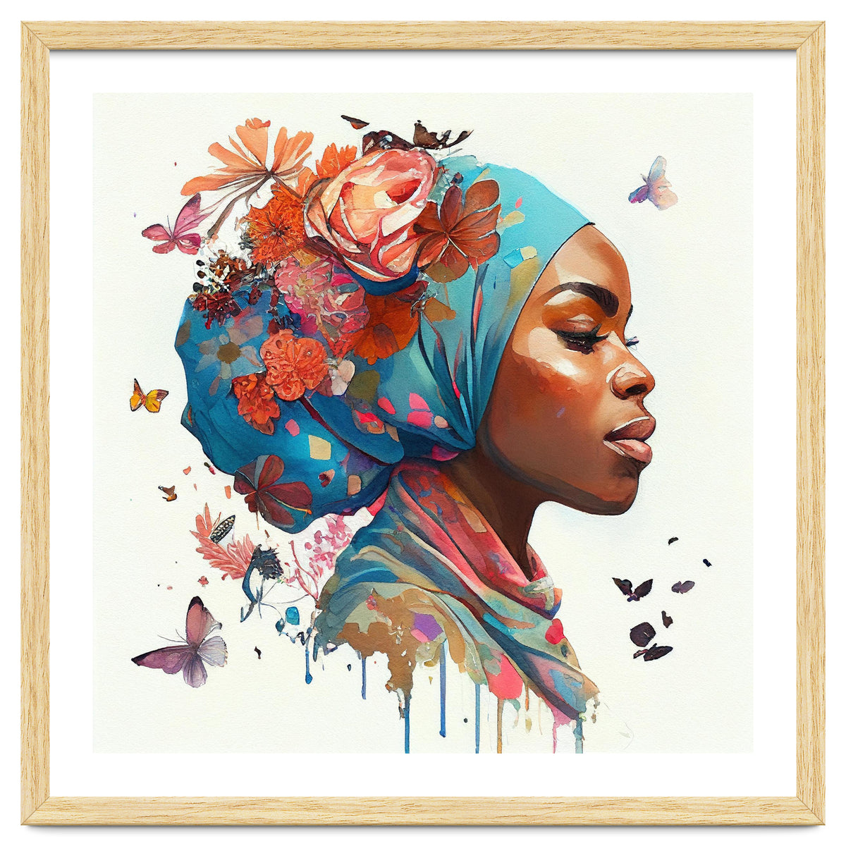 Watercolor Floral Muslim African Woman #2