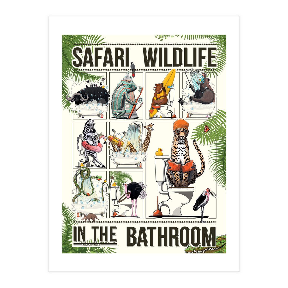 Safari Animals in the Bathroom, funny toilet humour (Print Only)