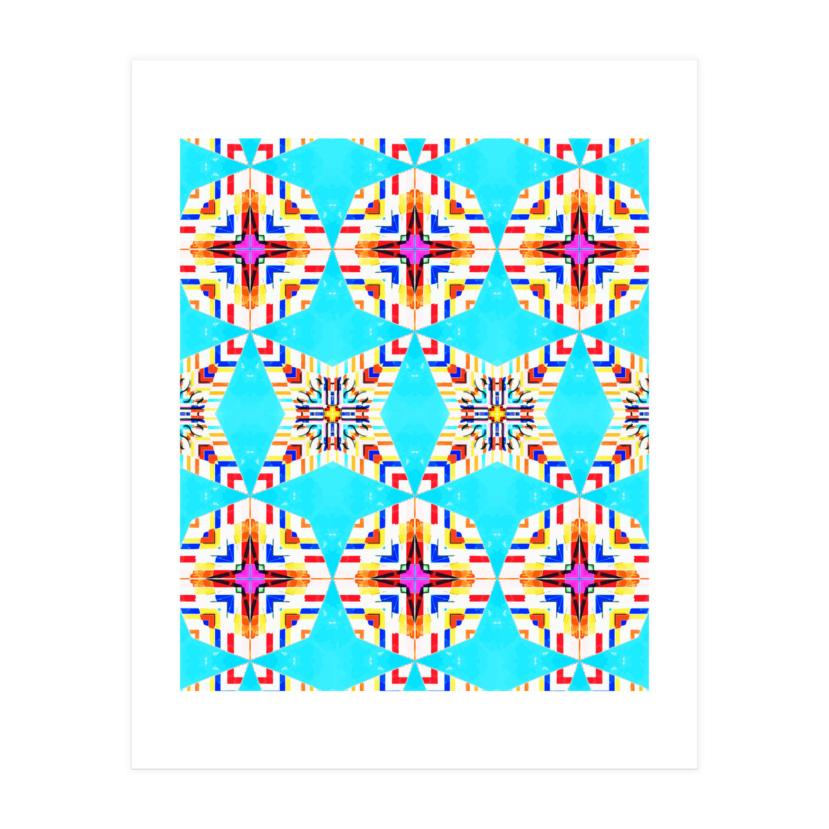 Exotic Tiles, Moroccan Teal Kaleidoscope Pattern, Turkish Bohemian Colorful Culture Eclectic Graphic (Print Only)