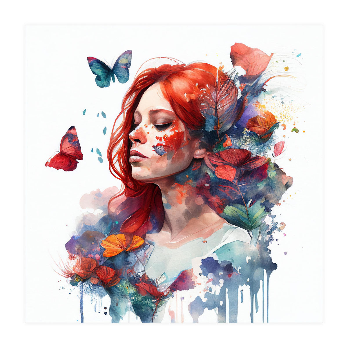 Watercolor Floral Red Hair Woman #2 (Print Only)