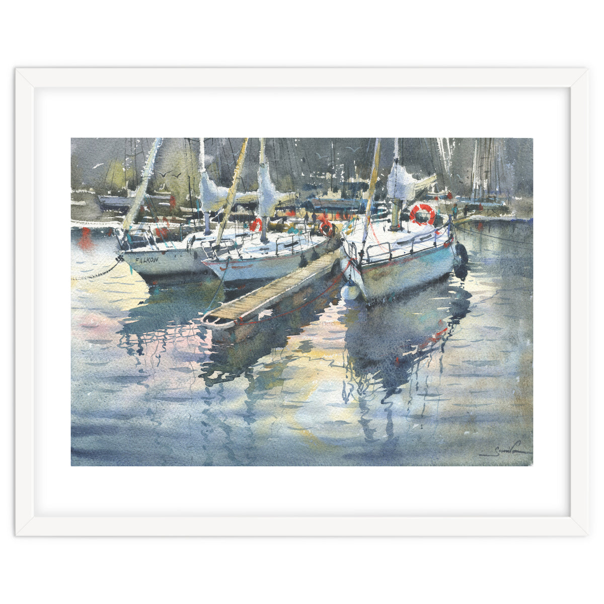 Yachts in the port. Watercolor painting