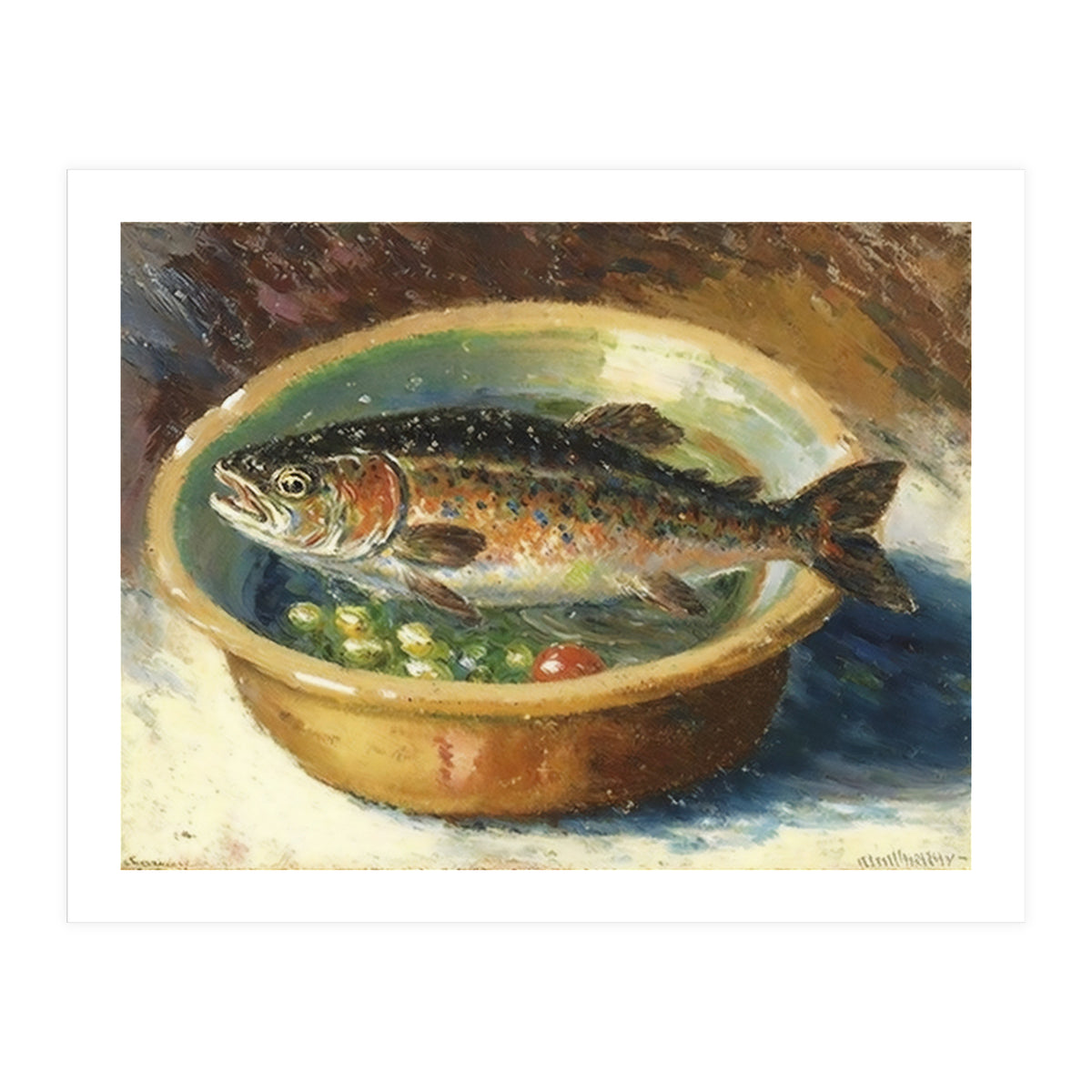 Trout in a Bowl Oil Painting (Print Only)