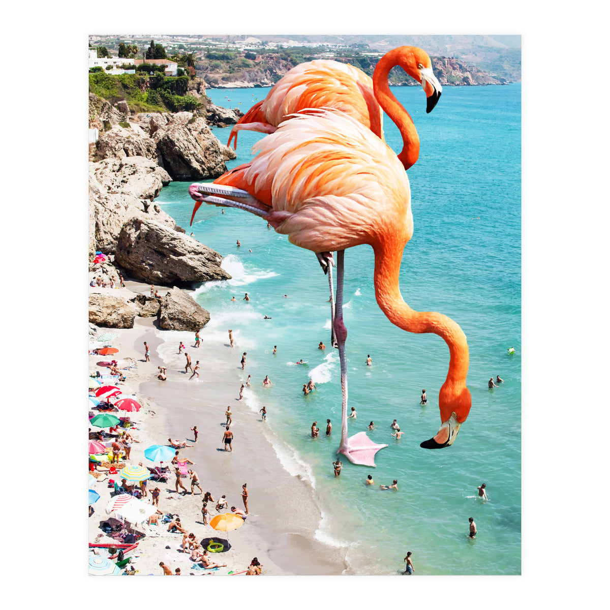Flamingos on the Beach, Wildlife Surrealism Birds, Nature Flamingo Fantasy Beach Summer Photography (Print Only)