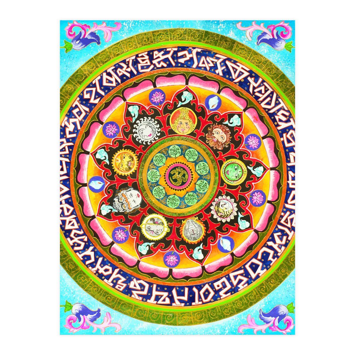 Chakra Mandala, Ayurveda Yoga Aum, Eclectic Colorful Bohemian Sun Sign Moon Sign Zodiac Astrology (Print Only)