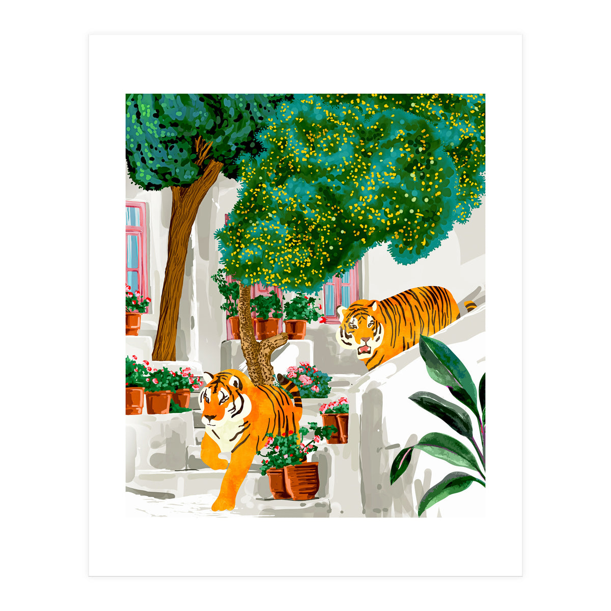 Tigers in Greece | Santorini Travel Architecture, Wildlife Animal Painting | Watercolor Illustration (Print Only)