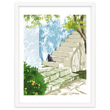 Black cat on the steps Poster, Greece Santorini summer travel pet painting thumbnail